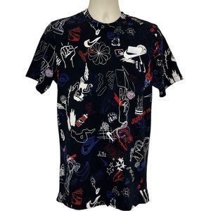 Nike T-shirt Unique Allover Print Black with Red, Blue, and White Design Sz Med